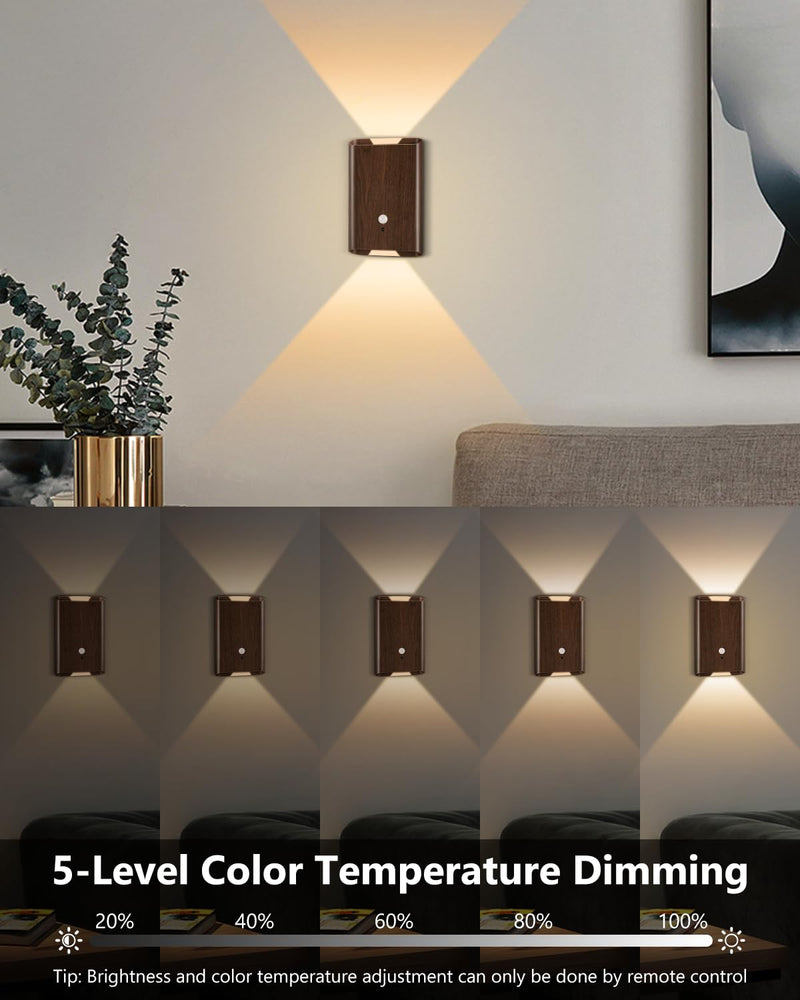 [AUSTRALIA] - Rechargeable Motion Sensor Wall Sconce Set of 2 – 5000mAh Wireless Battery Operated Wall Light Indoor, 3 Colors Up/Down Lighting Magnetic Night Light with Remote Control for Bedroom, Hallway (Walnut) Walnut 2 Pack 