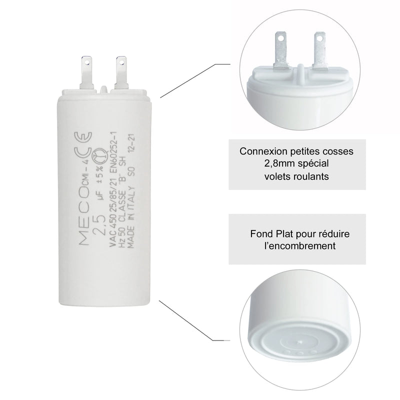 Capacitor 2.5 µF Especially for Somfy Roller Shutters Motor 6 Nm with Small Connection 2.8 mm 1