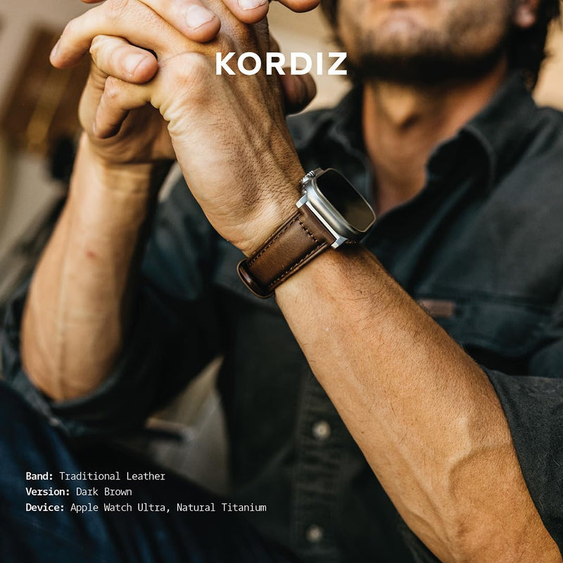 KORDIZ Traditional Leather Band for Apple Watch ULTRA 3, ULTRA 2/1 & Series 11, 10, 9, 8, 7-1, SE3, SE2, SE - Genuine Full Grain Leather Wristband - Men Women Replacement Band for iWatch Apple Watch [ 49mm 46mm 45mm 44mm ] ULTRA Silver 49mm | Dark Brown