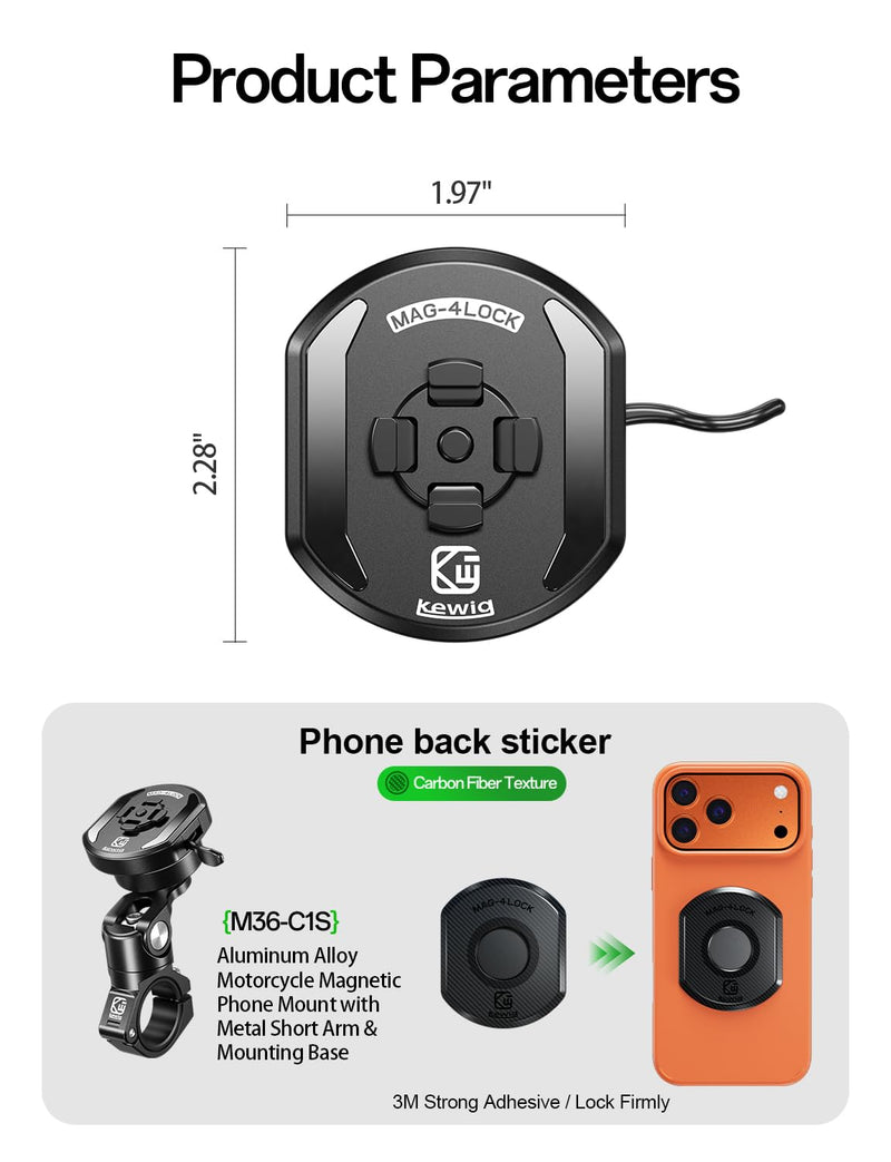 Kewig Aluminum Alloy Motorcycle Magnetic Phone Mount with Magnetic 4-Lock‌ | Vibration Dampener, 1s Auto Lock Bike Phone Holder with Metal Arm & Mounting Base, for 0.87"/1"/1.125"/1.26" Handlebar Short Arm