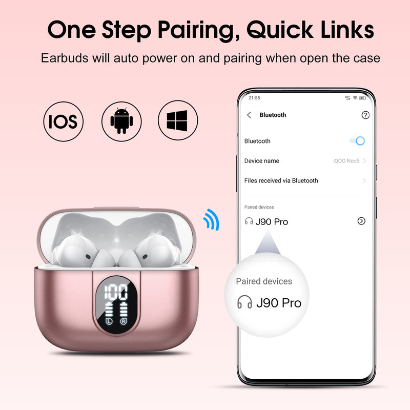 Wireless Earbuds, 2024 Bluetooth Headphones 5.3 HiFi Stereo Earphones, 40H Playtime in-Ear Earbud, Bluetooth Earbud with Dual Mic Call, IP7 Waterproof Earphones Sport Headset for iOS Rose