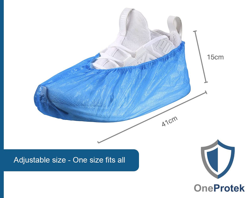 100 x OneProtek Waterproof Disposable Overshoes, Waterproof, Non-Slip, Tear Resistant, Polyethylene Overshoes, Blue, One Size 1