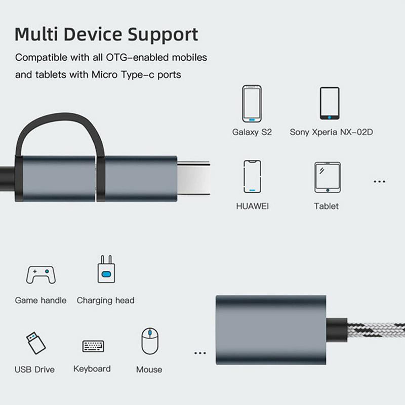 OTG Adapter Cable,2 in 1 USB to Type-C,USB to Micro USB Nylon USB 3.0 Interface Fast Transfer Connector Converter for Cellphone Charging Line (Grey) Grey