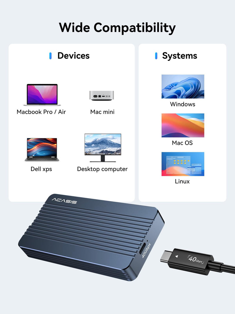 ACASIS 40Gbps M.2 NVMe SSD Enclosure with Aluminum for Thunderbolt 4/3/USB4 | Tool-Free Installation;Heat Sink; Noiseless Design;Supports 2280/2260/2242/2230 SSDs;40Gbps;Stable speed TBU405 Air