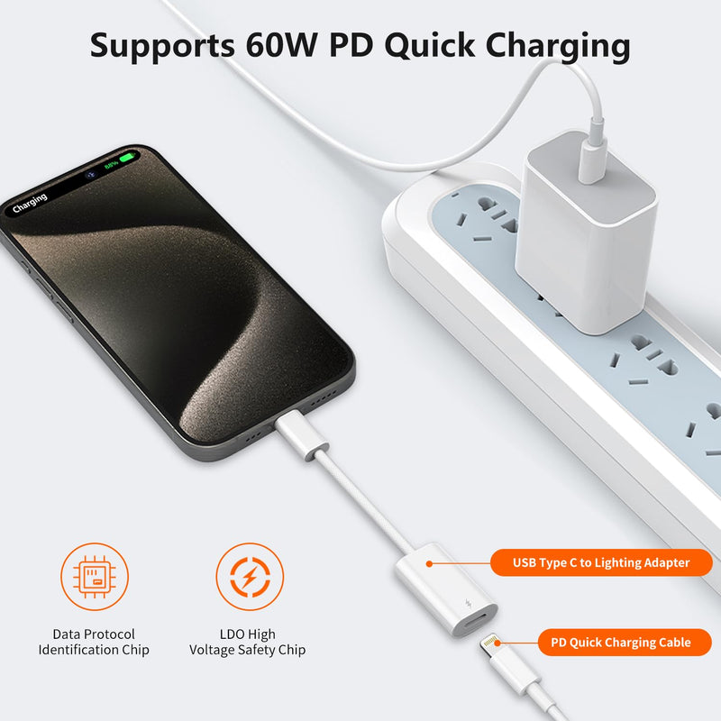 [AUSTRALIA] - Lightning to USB C Adapter, USB C Male to Lightning Female 60W PD Fast Charging Adapter for iPhone 16/16 Pro/15/15Pro/15+, iPad Pro/iPad Air 5/4, MacBook/Samsung and More Type C Devices -Only Charge White 