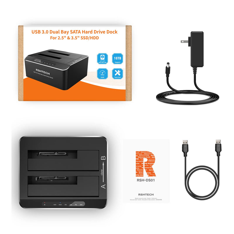 Hard Drive Dock, RSHTECH Aluminum USB 3.0 to SATA Dual Bay External Hard Drive Docking Station for 2.5 & 3.5 inch SATA HDD SSD with Offline Clone/Duplicator Function, Support UASP & 2x16TB (RSH-DS01) SATA Dual-Bay Hard Drive Dock
