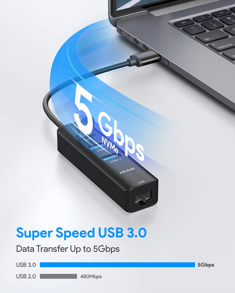 USB to Ethernet Adapter, ABLEWE 3 Ports USB 3.0 Hub with RJ45 1Gbps Gigabit Ethernet Adapter, for MacBook Air 2017, iMac, XPS, Surface Pro, Linux, Chromebook, Notebook and More - Black