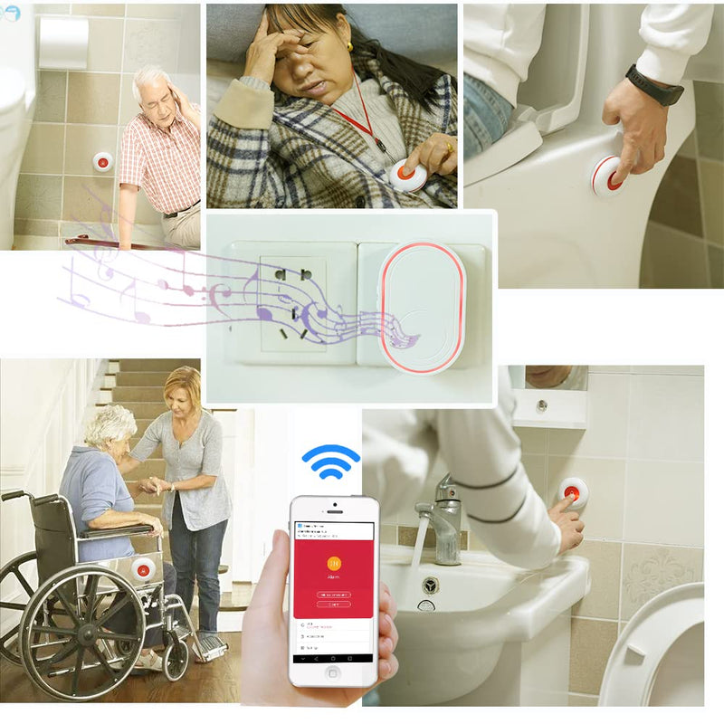Topvico WiFi Caregiver Pager Call Button for Elderly, Senior Fall Alert Devices, Wireless Nurse Help SOS Panic Bracelet , Tuya Smart APP, Remote Patients Call System for Home, 5 Levels Volume 1 Button A + 1 Watch + 1 Receiver