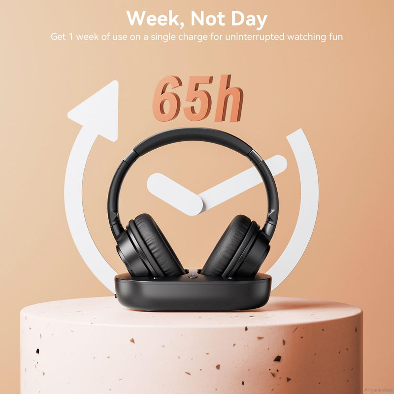 Wireless Headphones for TV, TV Headphones Wireless for Seniors with Easy Setup, Compatible with Most TVs, Charging Base, 65H Playtime, Low Latency Audio, TV Headset, Ideal for Dad, Mom Black