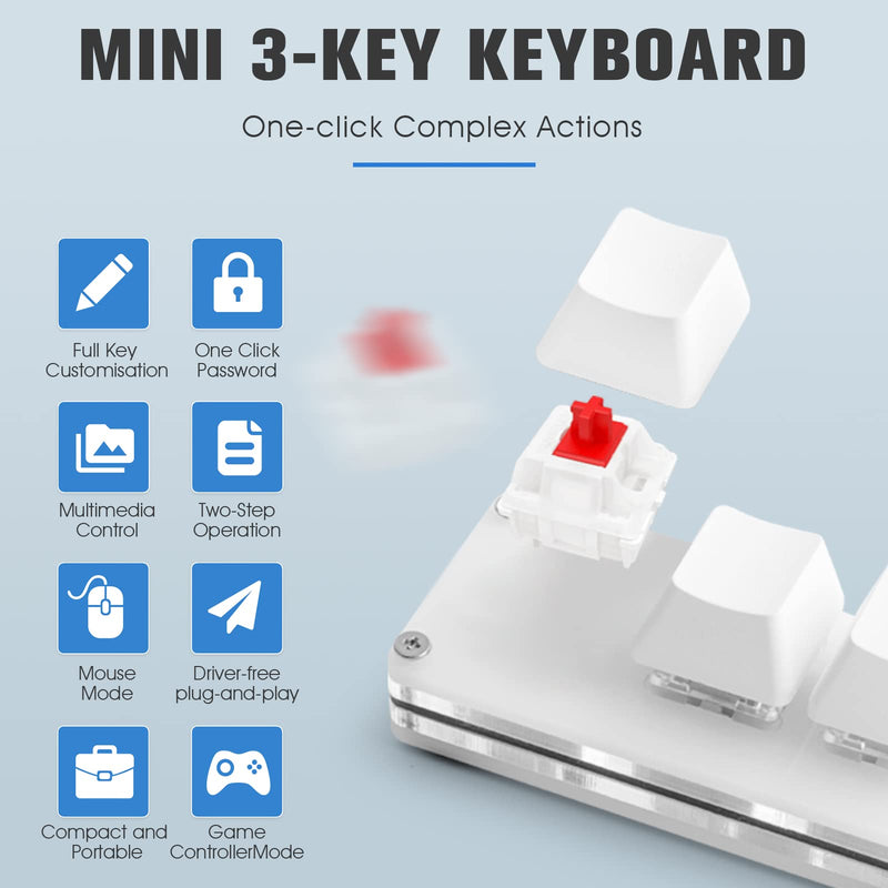 Ecarke USB Mini 3-Key Keypad Mechanical Gaming Keyboard Programming Macro with Software OSU HID Standard Keyboard（Upgrade Cherry Shaft & RGB LED） White