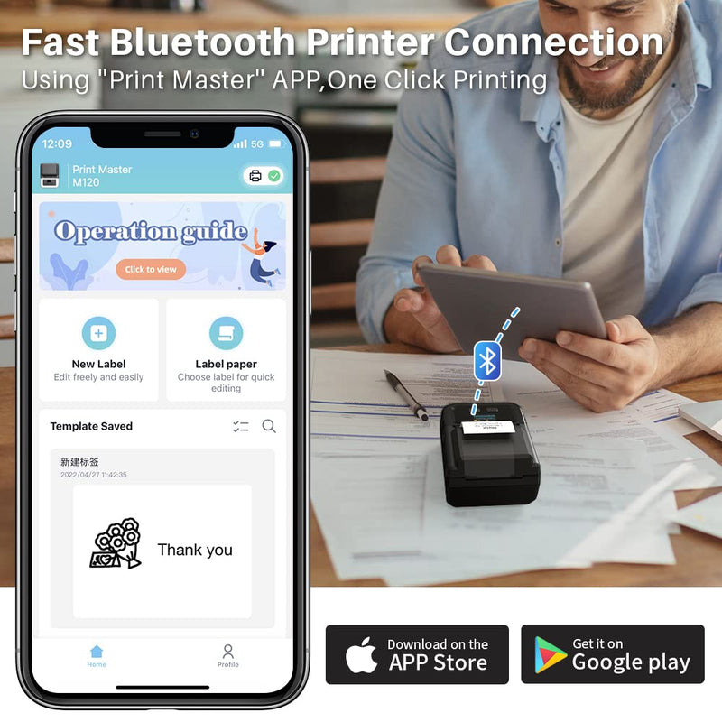 Phomemo M120 Label Maker- Barcode Printer Bluetooth Thermal Label Machine 2 Inch 50mm for Retail, QR Code, Small Business, Compatible with Android, iOS & PC, Black B/1 Roll Label