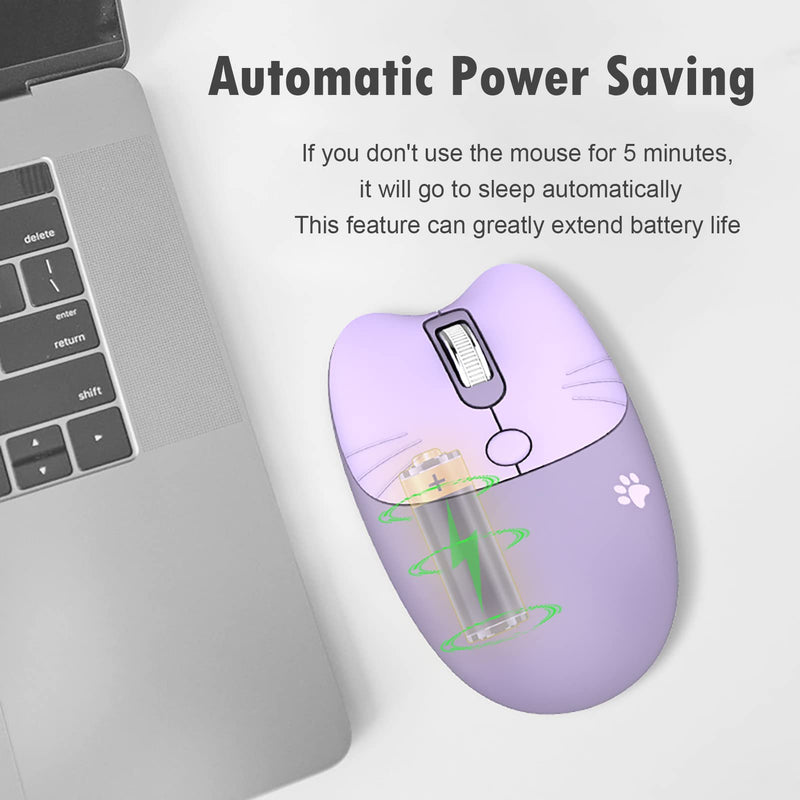 Cute Cat Wireless Mouse, Silent Mouse, 2.4G Wireless Mice, Candy Colors, Kawaii Mouse for Girls and Kids (Purple) Purple