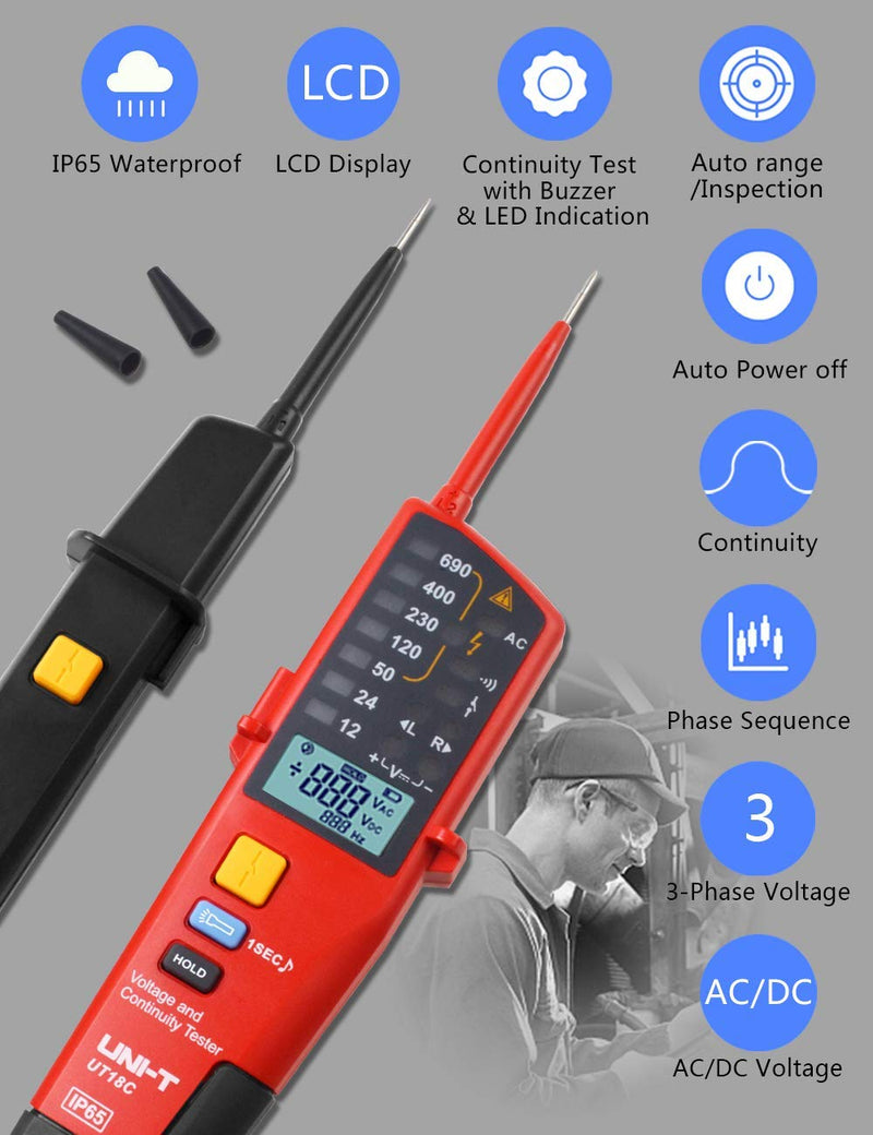 Voltage Tester UNI-T Multifunction Waterproof Digital Voltage Meter Voltmeter Voltage Tester 12V~690V AC/DC Automatic Range LCD Display UT18C