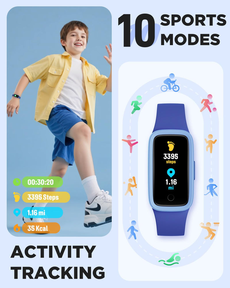 Vigor 3 Kids Watch Fitness Tracker, AMOLED Screen for Boys Girls Age 5-15 | 3ATM Waterproof, No App No Phone Needed, Pedometer, Vibrating Alarm, Heart Rate, Sleep Monitor, 10 Sport Modes, Habit Builder Blue