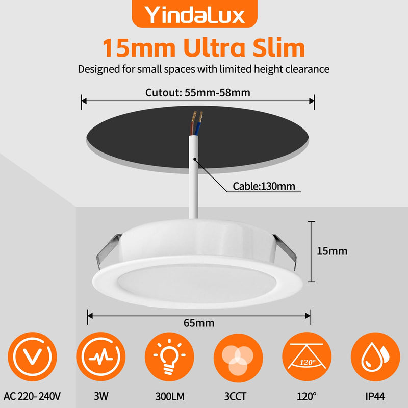 YindaLux Set of 3 LED Recessed Spotlights 230 V 3 W 3000 K Warm White 4000 K Neutral White 6000 K Cool White LED Spot Ultra Flat 300 LM Bore Hole 55-58 mm and 15 mm Flat IP44 Recessed Furniture 3 pieces
