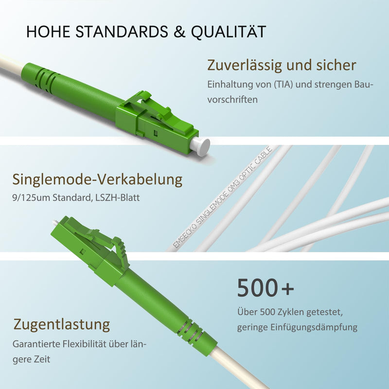 EMSECKO LC/APC to LC/APC Fibre Optic Cable, 10 m OS2 Simplex 3.0 mm Plug, 9/125μm Patch Cable LSZH 8°, FTTH Fibre Optic Cable, White 10M