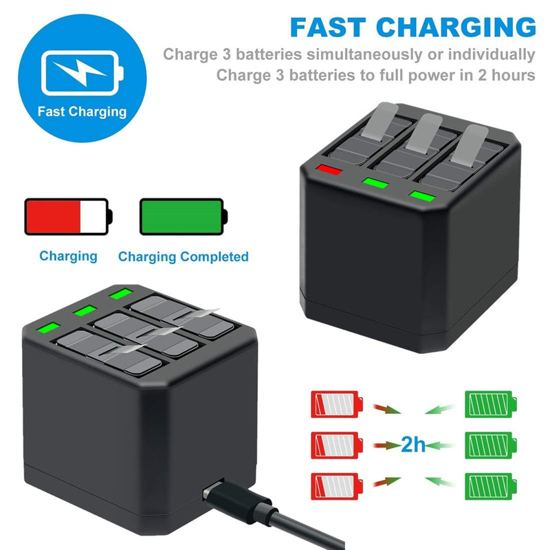 COOLSHOW Hero 7 6 5 Battery Replacement (2 Packs) and Triple HERO 7 Charger Compatible with GoPro Hero 7 Black,Hero 6 Black, Hero 5 Black, Hero 2018 and Charger Compatible with Hero 8 2xBatteries+1xCharger
