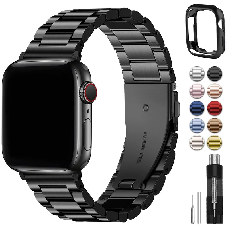 Fullmosa Compatible Silicone Apple Watch Band 40mm Army Green with Bumper Case & Compatible Stainless Steel iWatch Band with case 40mm,Black