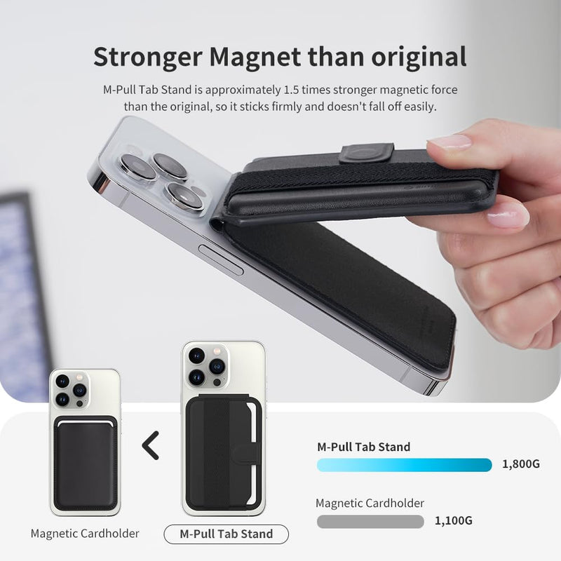 Sinjimoru Pull & Eject Magnetic Card Holder, Phone Wallet for Magsafe with Kickstand Compatible with iPhone 15 14 13 12 Series. M-Pull Tab Stand Black