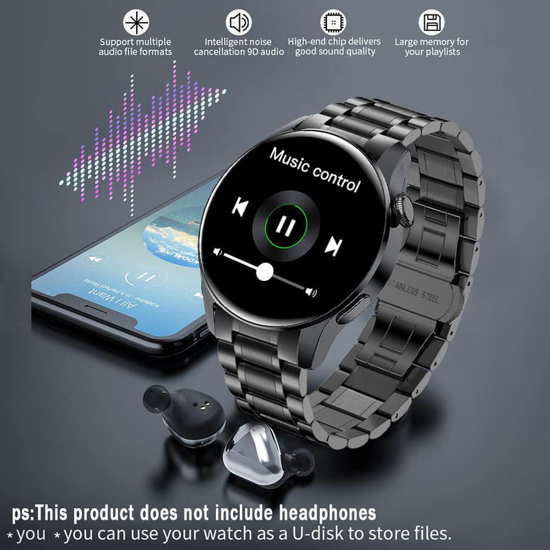 LAKEYLOYI Smart Watches Men Women, Bluetooth Calls, Heart Rate Sleep Monitor,IP67 Waterproof Fitness Tracker, Black Stainless Steel Watches for Android & iOS A-Black