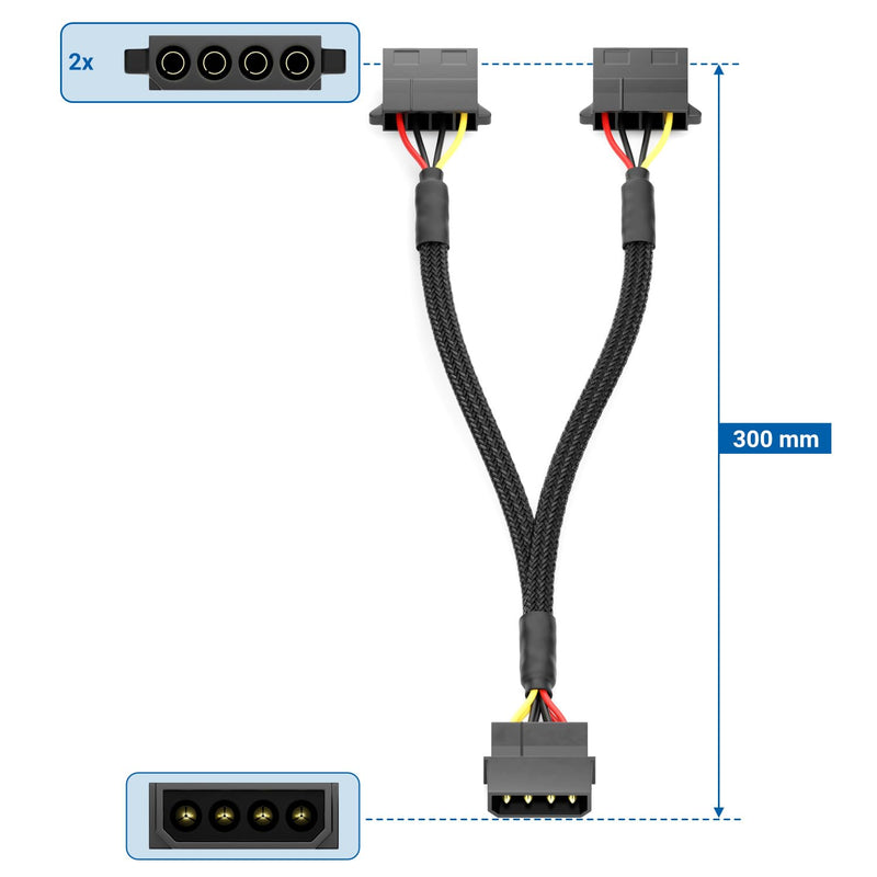 deleyCON 30 cm 4-Pin Molex Y Extension Cable - MXI Power Supply for PC Components - 4-Pin Molex Male to 2x 4-Pin Molex Female - Black Molex 4-Pin Y Cable