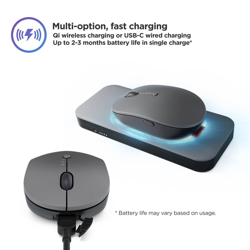 Lenovo Go Multi-Device Wireless Mouse, 2.4GHz Nano USB-C Receiver, Bluetooth, Adjustable DPI, USB-C Rechargeable Battery, Qi Wireless Charging, Ambidextrous, GY51C21211, Grey
