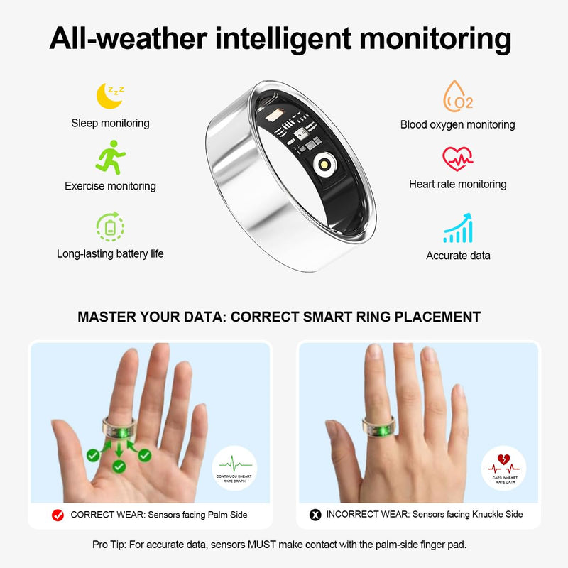Smart Ring for Women Men Health Tracker Ring No APP Fee 7-Day Battery Life IP68 Waterproof Sleep Step Monitor(Silver, 7) Silver