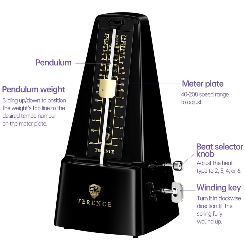 TERENCE Mechanical Metronome for Piano Guitar Violin Bass Drum and Other Musical Instruments Loud Sound and High Precision Track Beat and Tempo, Portable Metronome Gift Teaching for Beginners (Black) Black