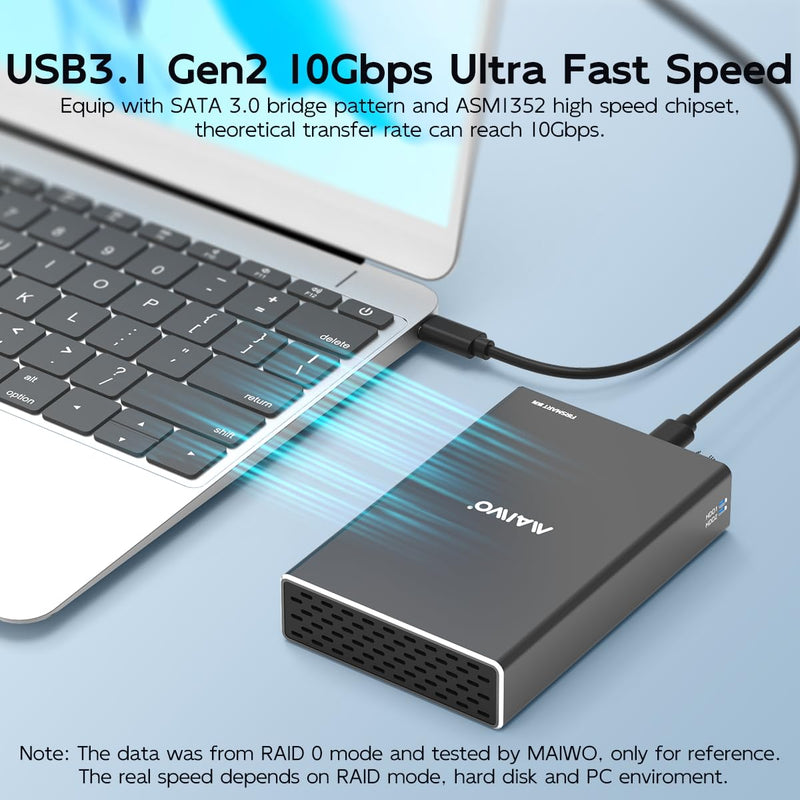 MAIWO Hard Drive RAID Enclosure Dual Bay for 2.5 Inch SATA SSD HDD, USB 3.1 GEN 2 10Gbps with UASP, RAID 0/1/JBOD/PM, 16TB Capacity, External Hard Drive Reader Case Aluminum K25272C