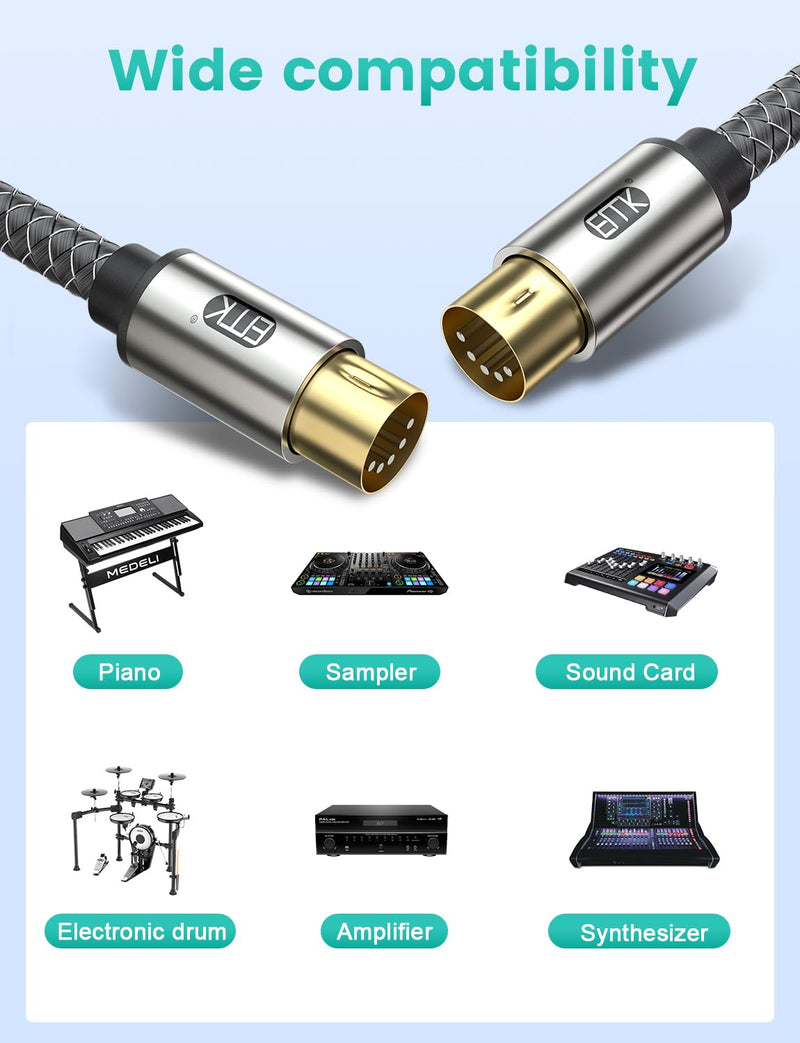 EMK Premium 5-Pin MIDI Cable (1 PCS, 4Ft/1.2M) - Nylon Braided Durable MIDI to MIDI Cord for Keyboard, Synthesizer, Guitar Pedal, Sampler, Audio Interface, Mixer - Gold-Plated Connectors 5-Pin MIDI Cable 1PCS 1.2M