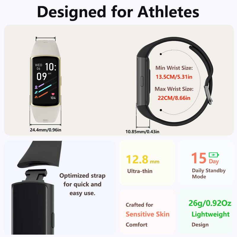 FITVII FINO 2 Slim Fitness Tracker, Smart Watch with Blood Oxygen, Sleep Monitor, 24/7 Heart Rate & Blood Pressure, IP68 Waterproof Health Activity Trackers with Calories Step Counter for Women Men Black