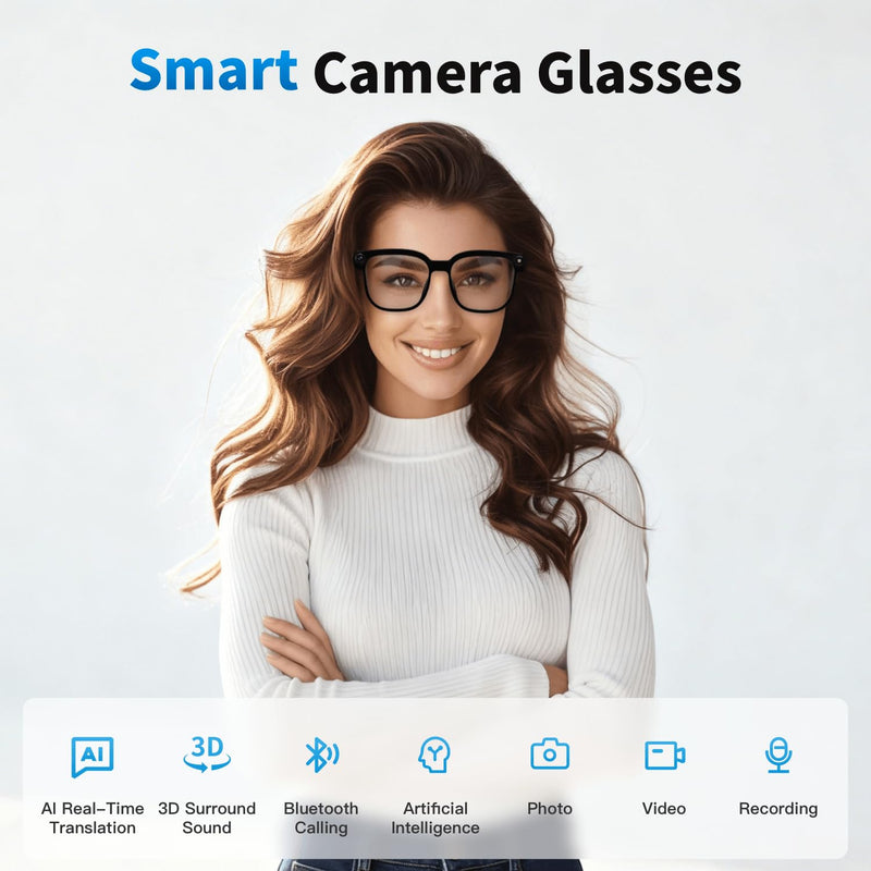 32GB AI Smart Glasses 4K HD Camera, 290mAh Battery, 8MP Anti-Shake Camera Glasses, Support Video Recording, Real-time Translation/GPT Lens Recognition, Photochromic Lens Black