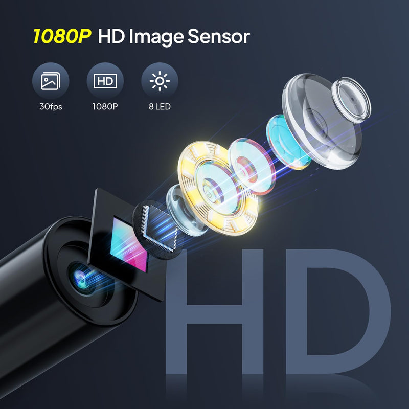 Qimic Endoscope Camera with Light, 1080P HD Tube Camera with 8 LEDs, 2.4 Inch IPS IP67 Screen, Inspection Camera, Live Picture with 2 x Zoom, Semi-Rigid Cable, 16.4 ft, 2000 mAh Battery 5m/16.4ft