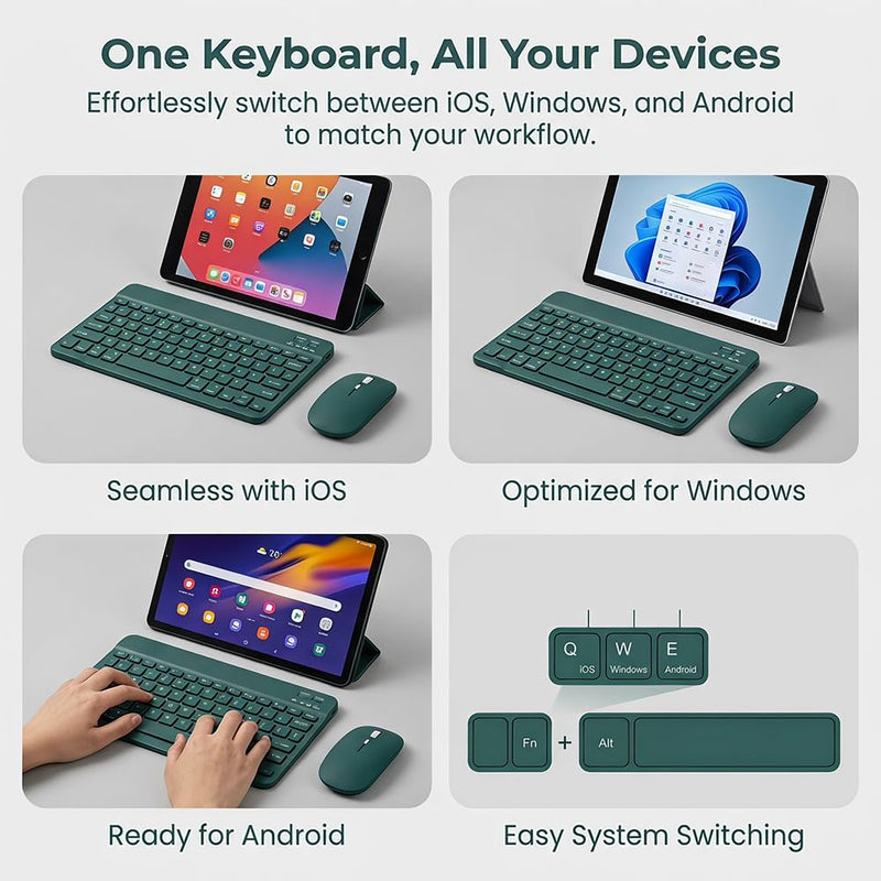 10 Inch Wireless Keyboard and Mouse Combo, Slim Portable Quiet Set for Tablet, Phone, Laptop, Home Office Use(Green) Green