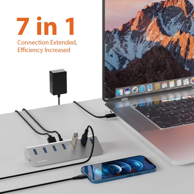 Achoro 7 Ports Powered USB HUB – 2nd Generation 10GB Super Speed External USB Port – USB 3.2 Aluminium USB Hub for Computer, Mac, PCs, Smartphone & Tablets – Computer Multiple USB Hub (Powered Black) POWERED BLACK