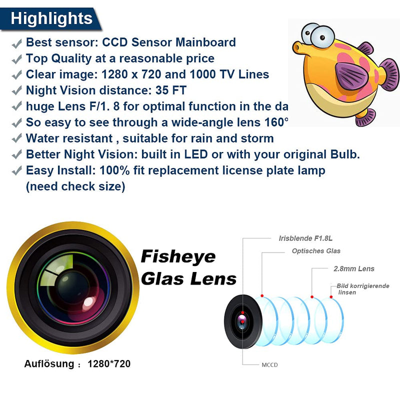 Caros Fisheye 1280x720 Pixels car Backup Camera Reverse Parking Rear View Vehicle Camera Replacement for Ford Mondeo Focus(2 Carriage) C-Max Sedan(3 Carriage) MK Waterproof Night Vision Wide Angle