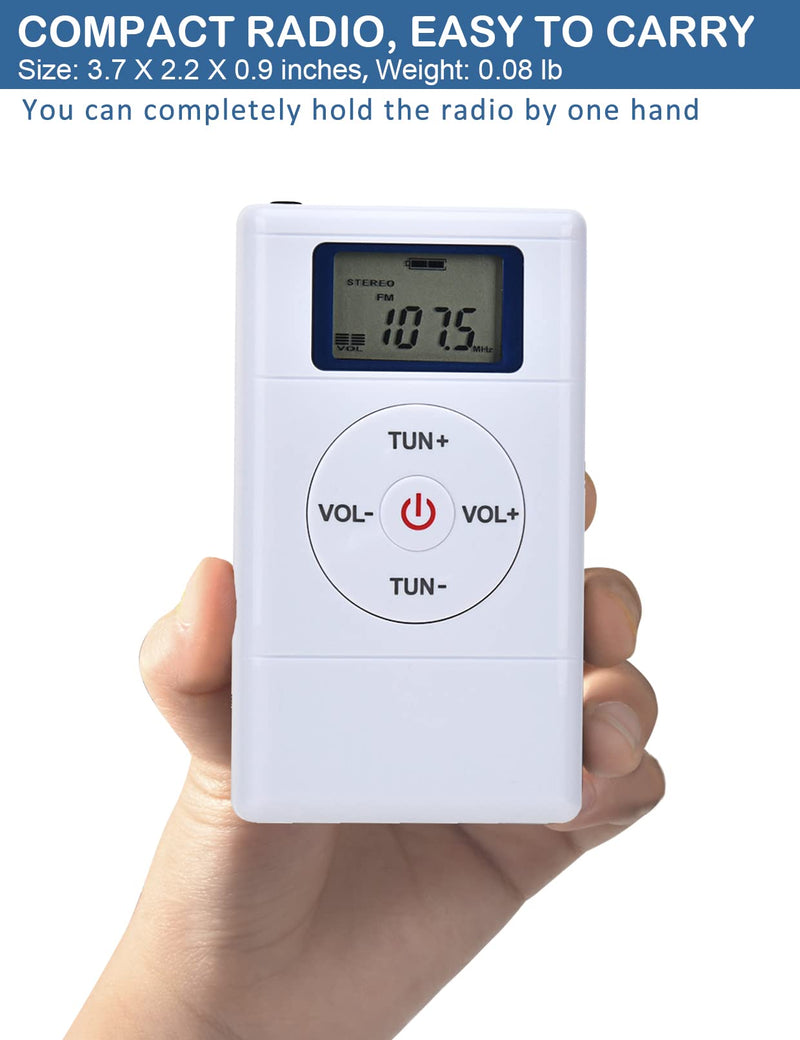 ZHIWHIS Mini Portable FM Radio, Stereo LCD Digital Display Tuning Pocket Walkmen Transistor Conference Receiver with Earphone, Small Pocket Radio Operated by AAA Batteries for Walking/Running
