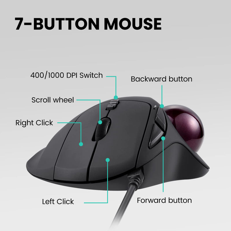Perixx Perimice-517 Wired Trackball USB Mouse, 7 Button Design, Build-in 1.34 Inch Trackball with Pointing Feature