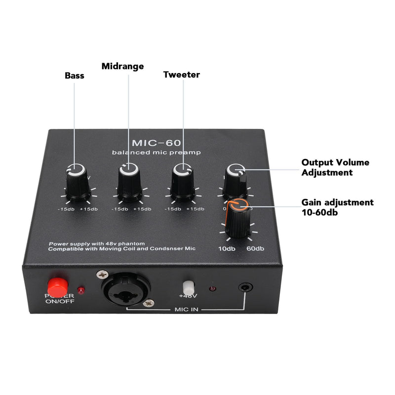 Microphone Preamp Mic Gain Booster 3 Input with 48V Power, XLR Balanced, 3.5mm/6.35mm Output, for Dynamic and Condenser Mic (with 3.5mm Sound Cable) With 3.5mm Sound Cable