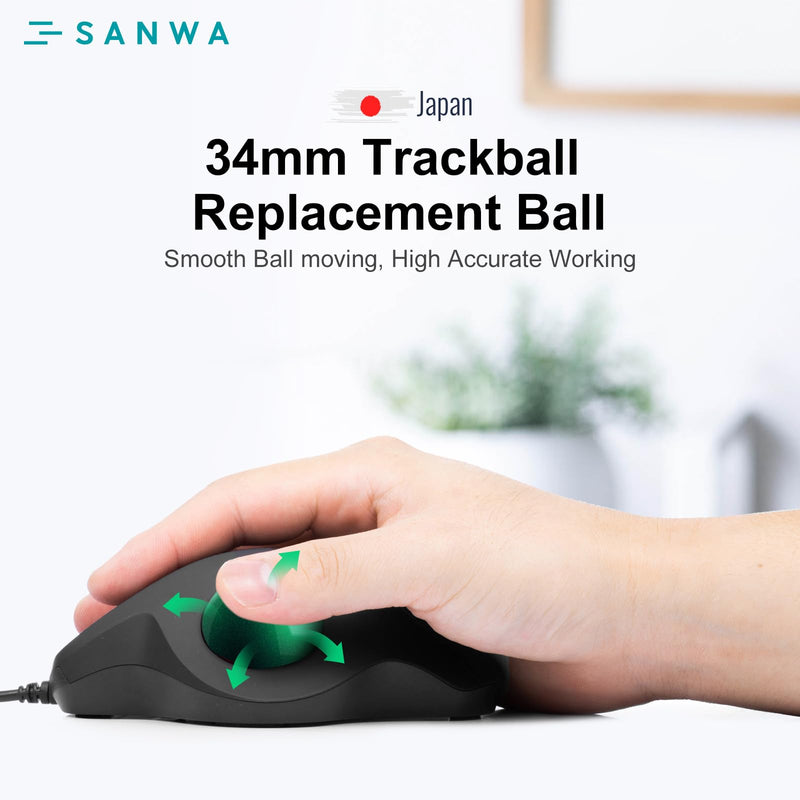 SANWA 2-Device Wireless Trackball + Green 34mm Replacement Ball Set, Programmable & Silent Click Vertical Mice, Compatible with Mac, Windows, Laptop, Android, PC