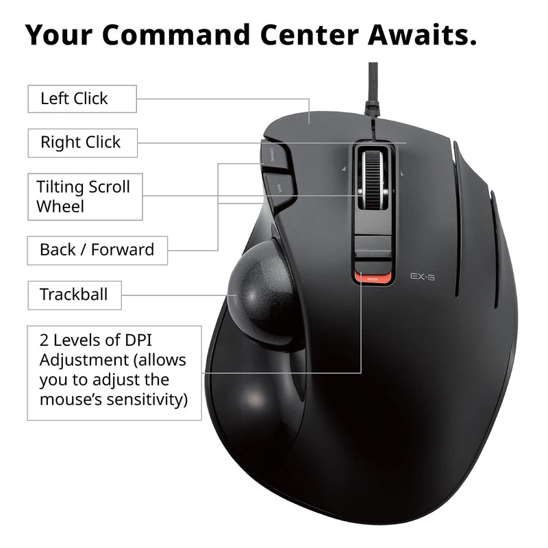 ELECOM EX-G Trackball Mouse, Wired, Thumb Control, Sculpted Ergonomic Design, 6-Button Function with Smooth Tracking, Ergonomic Design, Optical Gaming Sensor, Windows11, macOS (M-XT3URBK) Black Ball