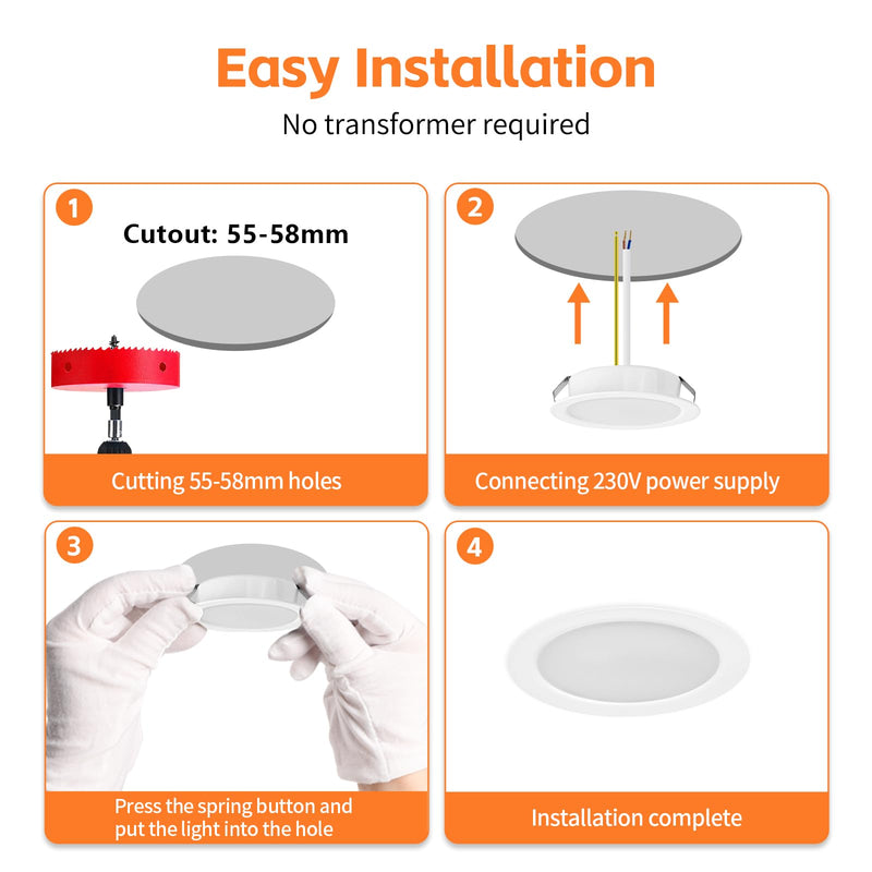 YindaLux Set of 3 LED Recessed Spotlights 230 V Dimmable 3 W 3000 K Warm White LED Spot Ultra Flat 300LM Bore Hole 55-58 mm and 15 mm Flat IP44 Furniture Recessed Spotlights for Mirror Cabinet, White 3 pieces White 3000k