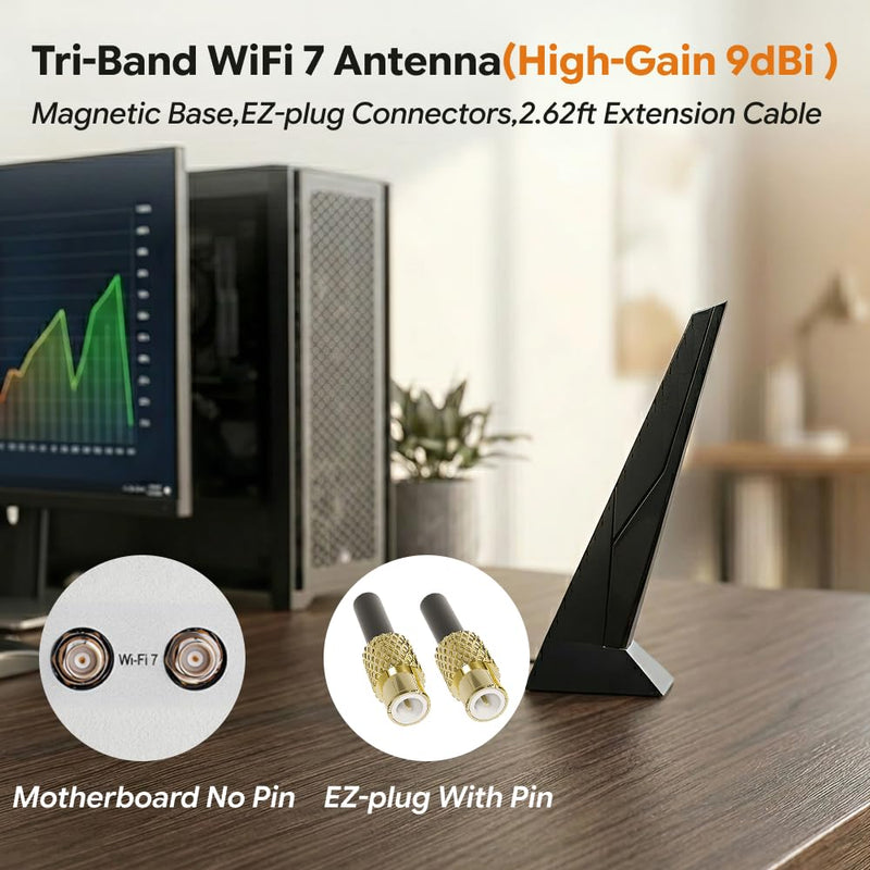 High Gain 9DBI WiFi 7 6e Antenna Magnetic Base with New Interface for MSI X870 B850 Z890 Motherboard Replaceable Dual Band EZ Connector Wi-Fi 7 Antennas for Gaming PC Desktop Computer