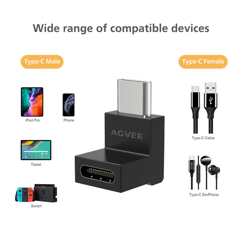 AGVEE [ 4 Pack] 90 Degree Right Angled USB-C Male to USB-C Female Adapter (Type-C 3.2 Gen 2) Video 10G Data Converter, Black
