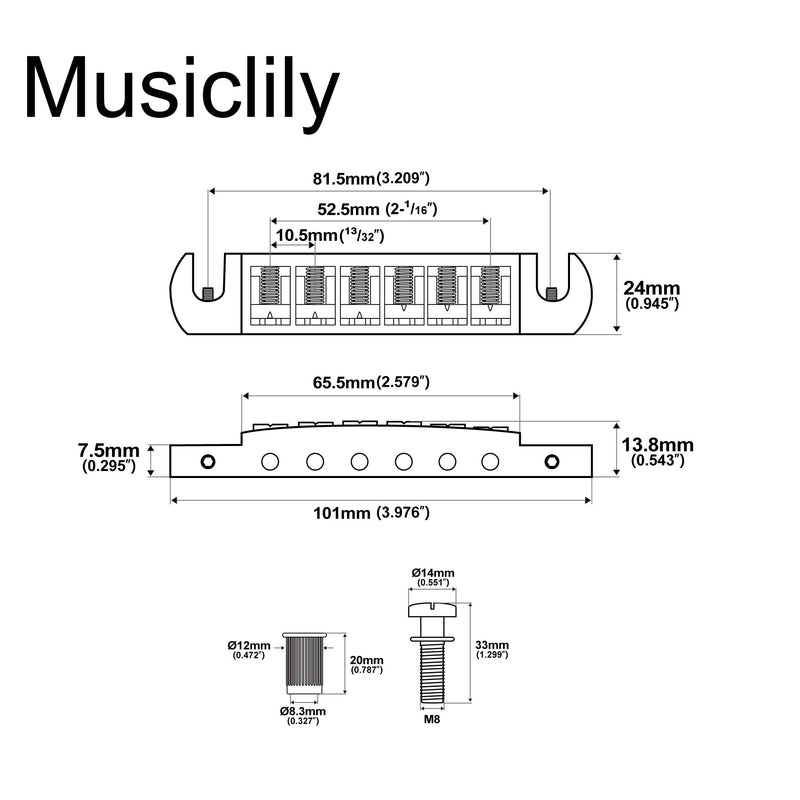 [AUSTRALIA] - Musiclily Pro 52.5mm (2-1/16 inch) Pigtail Style Adjustable Wraparound Bridge Tailpiece for Epiphone Les Paul SG Style Electric Guitar, Nickel 