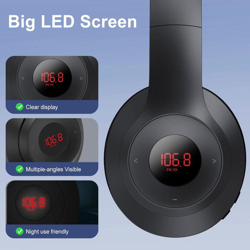 X5 Rechargeable & Portable FM Radio Headphones with Best Reception,LED Display,Soft Ear Muffs, FM Headset Radio Receiver for Meeting, Works, Hiking, Jogging (Black) Black