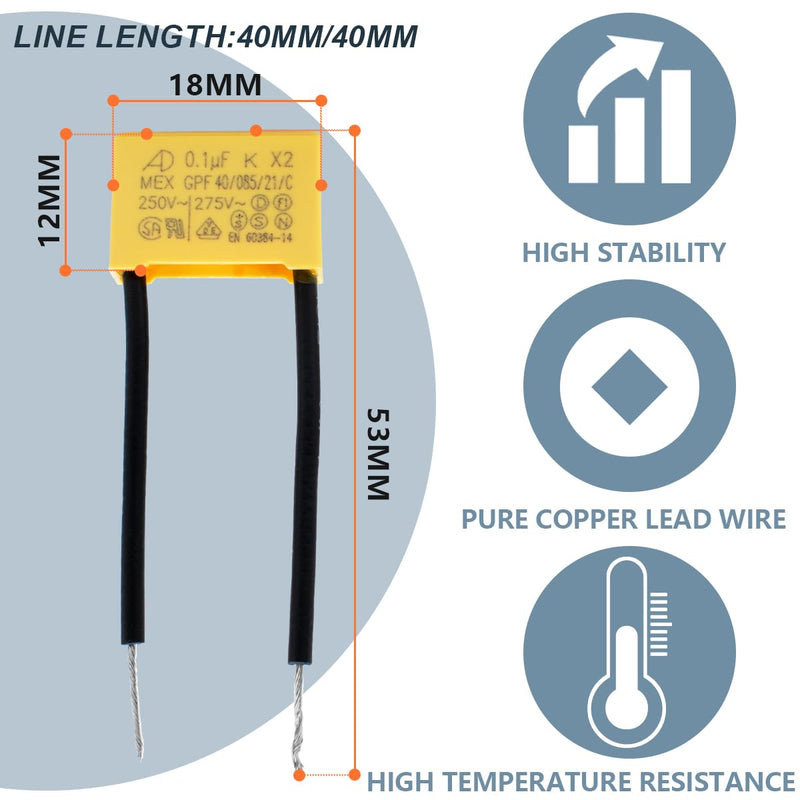 Innfeeltech Safety Capacitors 0.1uF 275V X2 Anti-Interference for Differential Interference Capacitors 18 x 12 x 6 mm, Pitch P 40/40 mm, Pack of 8 0.1uF 40mm/40mm