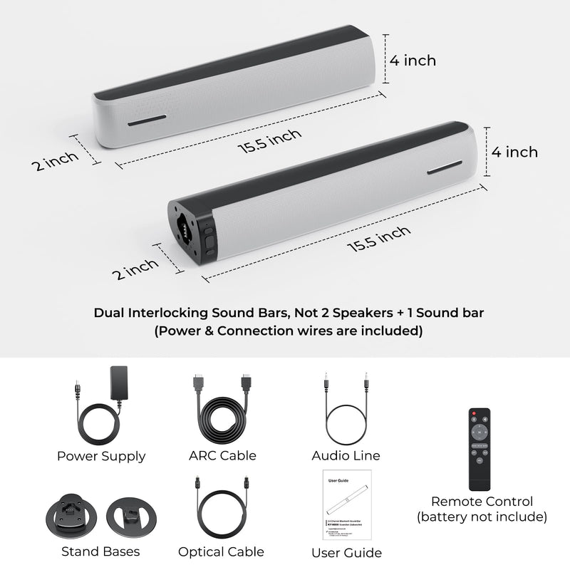 Sound Bar for Smart TV, 90W Soundbar with Bluetooth/ARC/Optical/AUX Connect, Auto Volume Boost, 3 Equalizer Modes, 2 in 1 Detachable Soundbar for TV for TV/PC/Gaming/Projectors White and Black