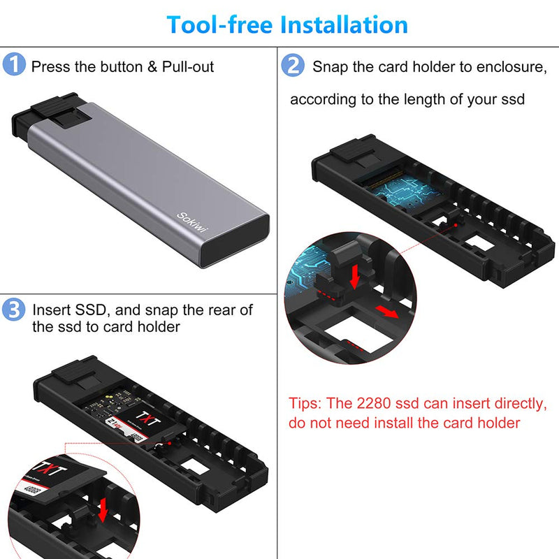 M.2 NVME SATA SSD Enclosure Adapter Tool-Free, RTL9210B Chips, USB C 3.1 Gen 2 10Gbps NVME, 6Gbps SATA PCIe M-Key(B+M Key), Support UASP Trim for SSD Size 2242/2260/2280