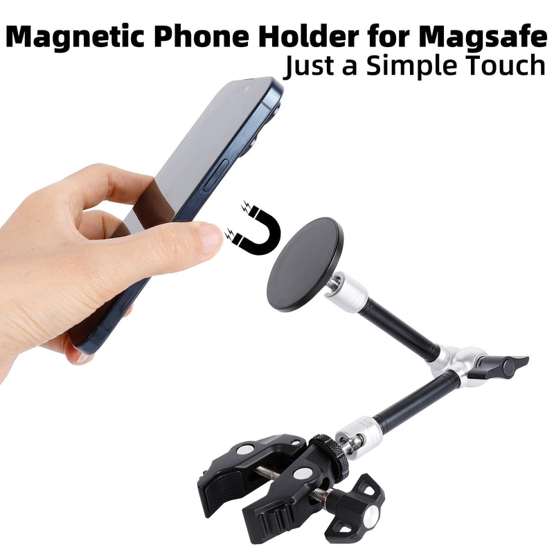 All-Metal Magnetic Phone Holder with Super Clamp&10″ Long Arm for Magsafe, Adjustable Rear View Mirror Phone Holder Mount for Car/Truck/Handlebar, Compatible with iPhone 16 15 14 13 12 Series